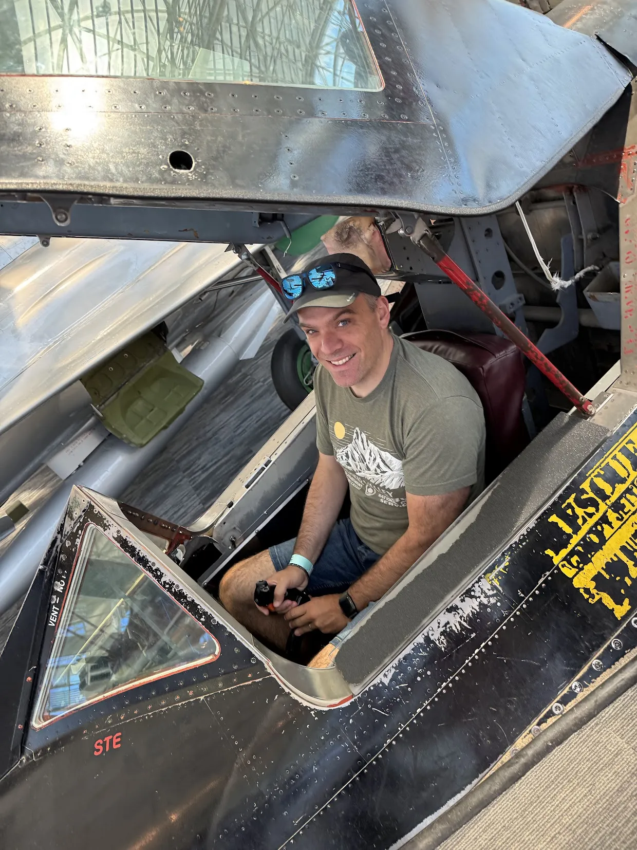 Stefano Maffeis sitting in the cockpit of the SR-71 Blackbird at Seattle's Museum of Flight.