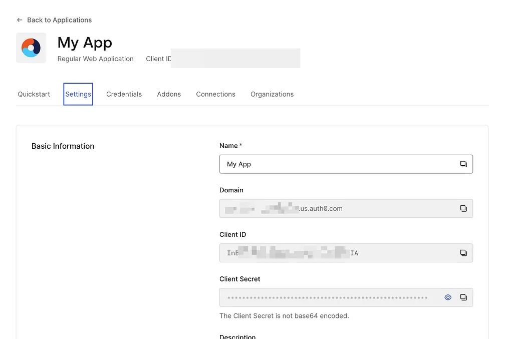 Auth0 application settings screen with domain, client ID, and client secret.