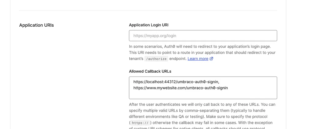 Auth0 allowed callback URLs configuration.