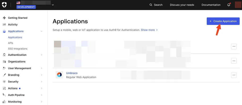 Auth0 create application screen.