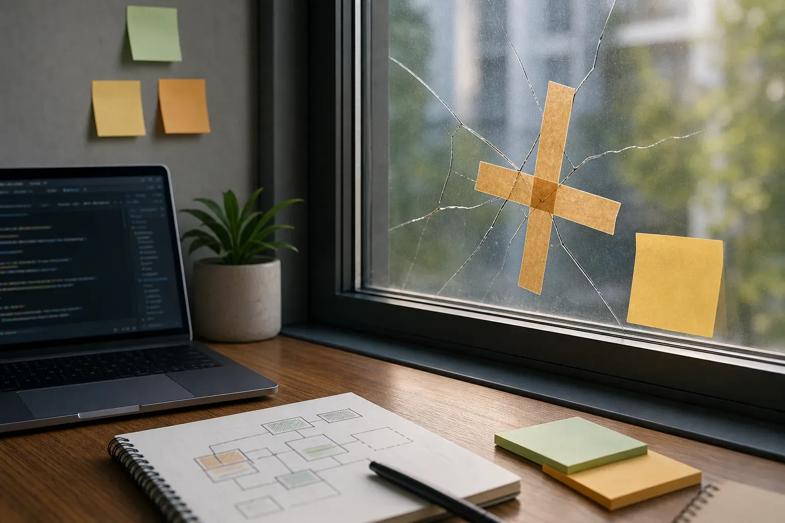 A cracked office window temporarily repaired with tape beside a laptop and architecture notes, representing a visible software problem the team has chosen not to ignore.