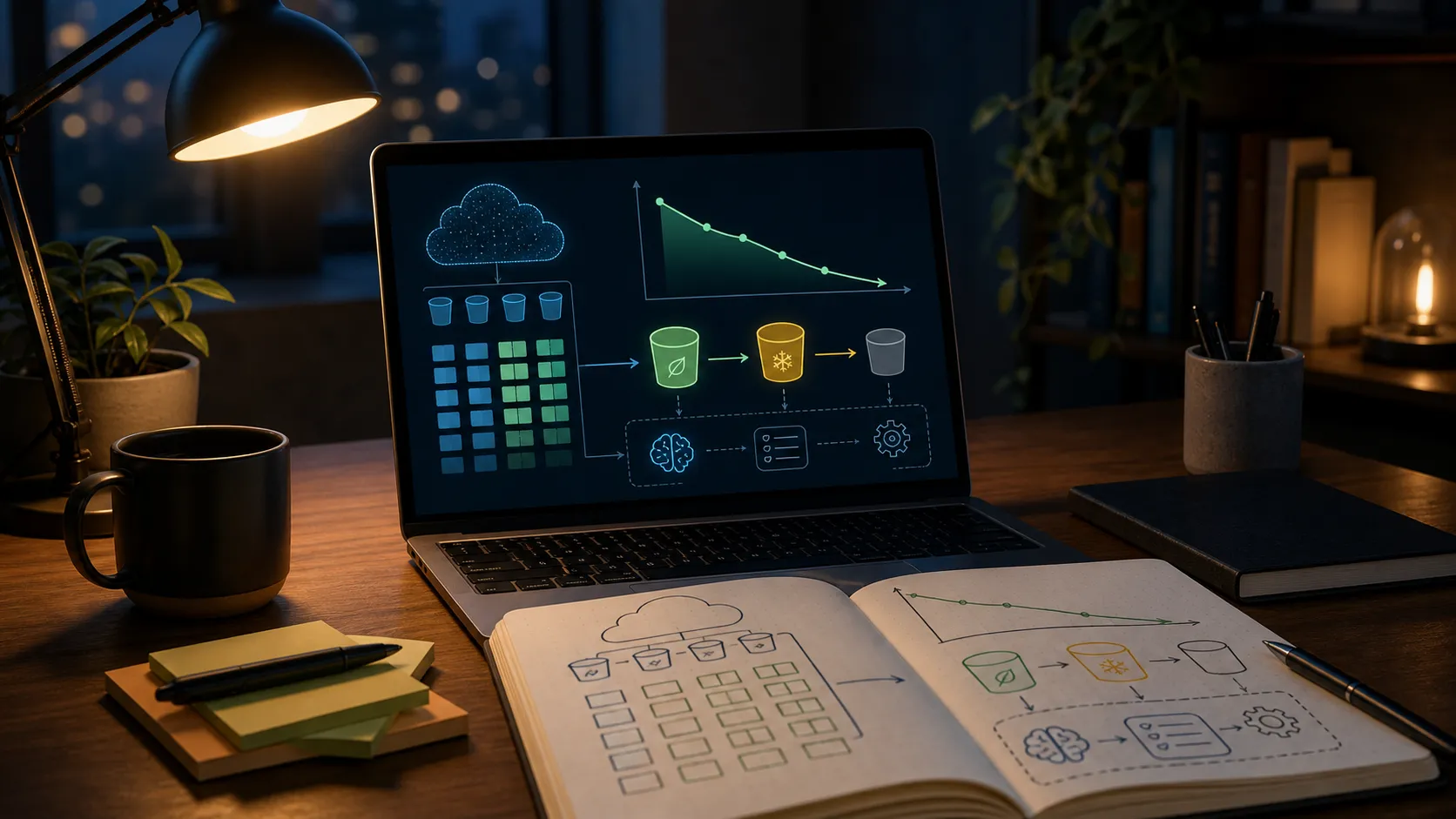 A developer desk at night with a laptop showing abstract cloud storage lifecycle blocks and a downward cost curve.