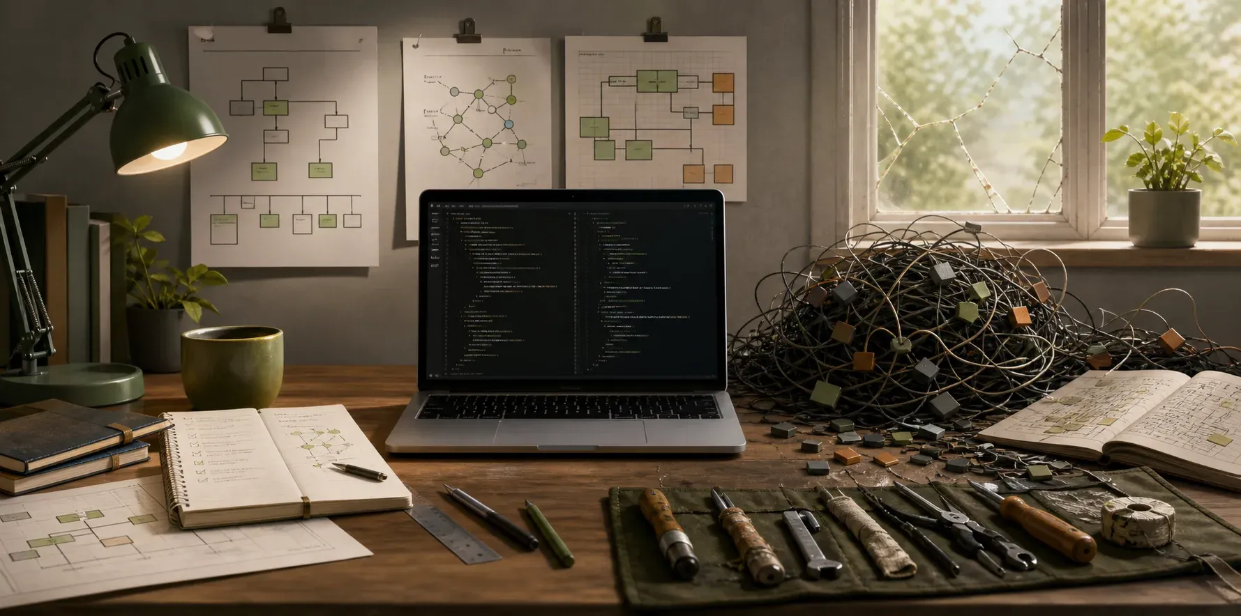 A quiet software workshop where code, architecture notes, repair tools, and a cracked window suggest the tension between craft and entropy.