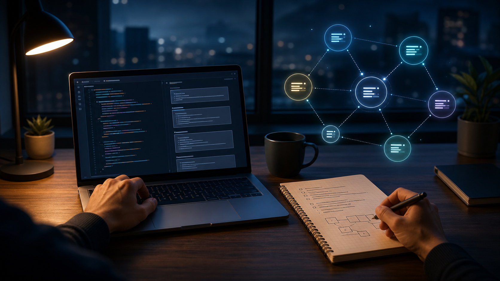 A quiet developer workspace with a laptop, structured notes, and luminous agent nodes suggesting AI-assisted software planning.