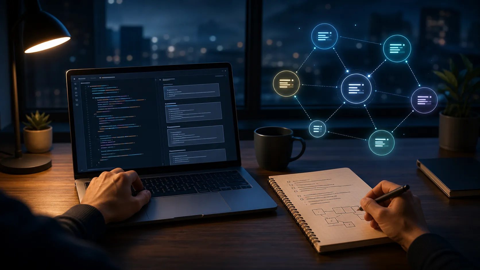A quiet developer workspace with a laptop, structured notes, and luminous agent nodes suggesting AI-assisted software planning.