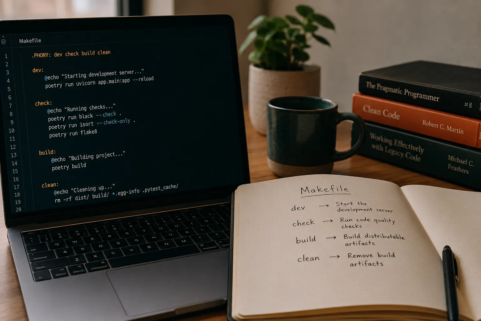 A wooden desk with a laptop showing a Makefile with dev, check, build, and clean targets, beside an open notebook listing the same commands as a handwritten table of contents.