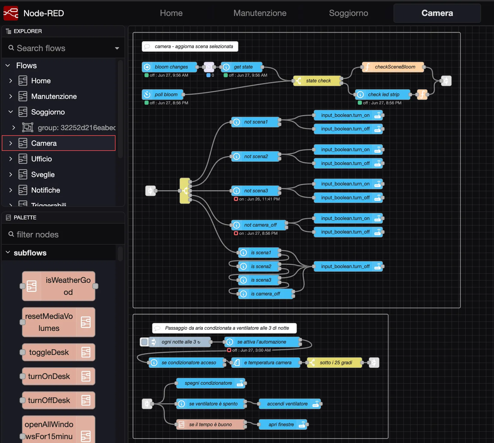 A Node-RED Camera flow with state checks, Home Assistant service calls, JavaScript function nodes, and a scheduled air-conditioning to fan workflow.