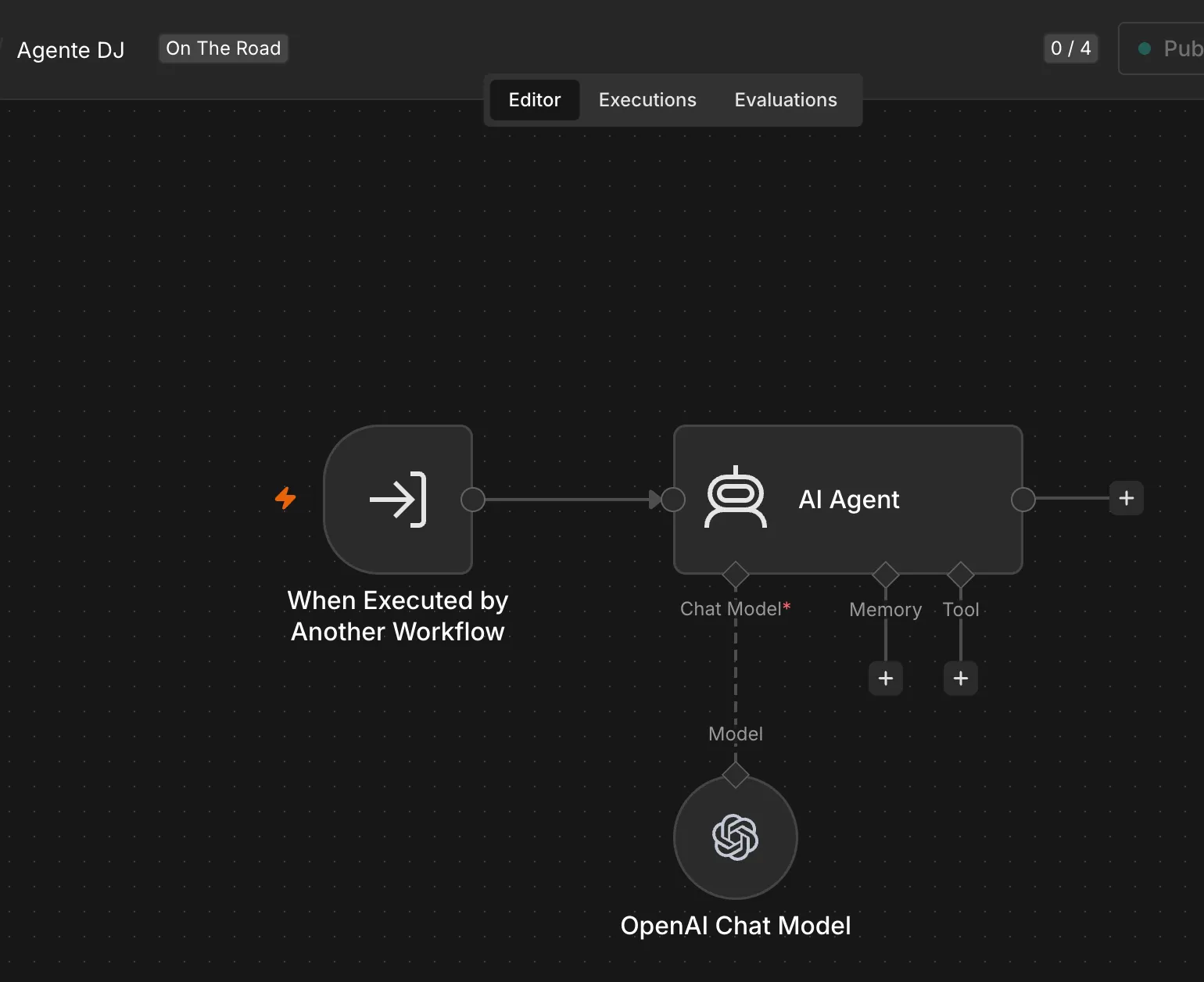 The Road DJ sub-workflow in n8n, showing a minimal specialist agent with an external workflow trigger, one AI Agent node, and one OpenAI Chat Model.