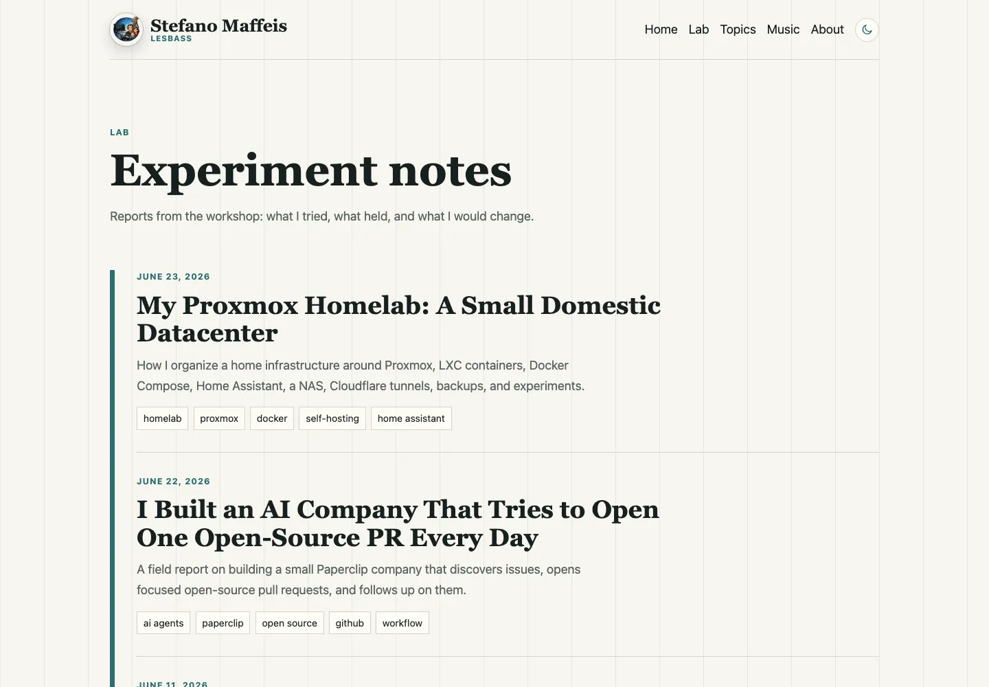 The Lab page, where Markdown posts become a paginated technical writing archive.