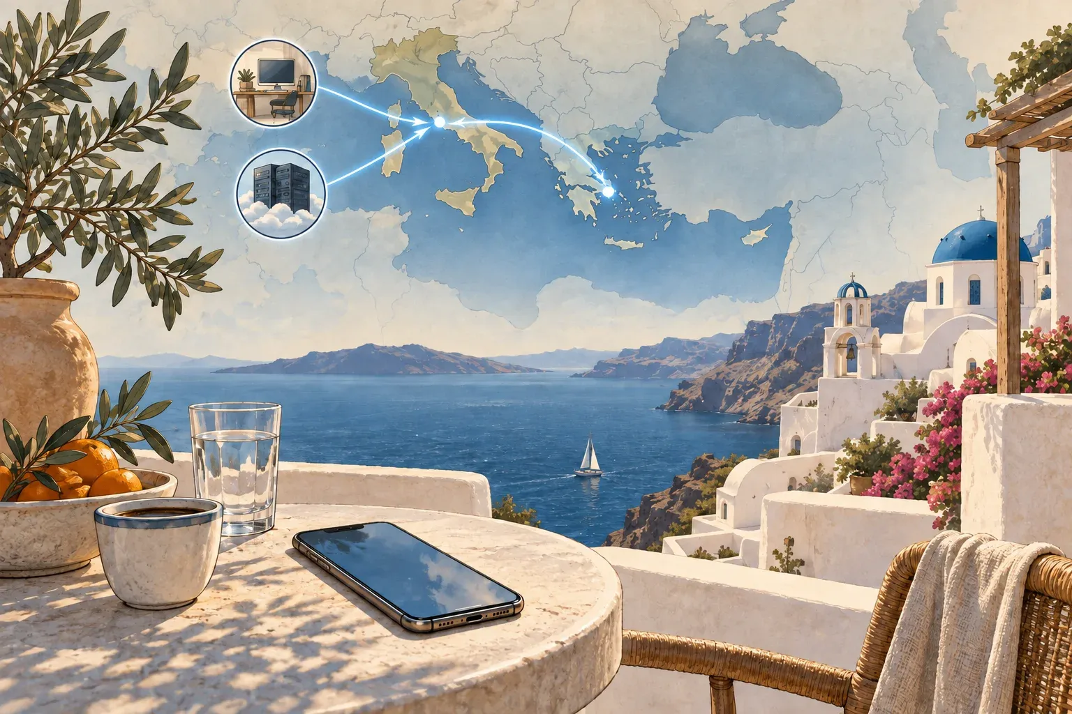 A phone on a Greek seaside terrace beneath an illustrated VPN connection to a home computer and a cloud server in Italy.